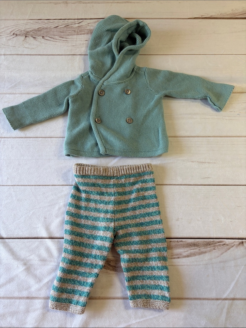 Tea Collection Mint Green Hooded Baby Sweater + Striped Knit Pants